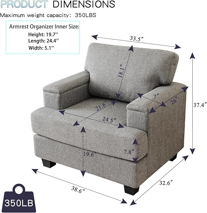 Oversized Living Room Chairs Set of 2,Comfy Accent Chair with Armrest Organizer,Upholstered Armchair Thick Cushion,Big Reading Chair,Sofa Chair for Bedroom,Linen,Dark Gray