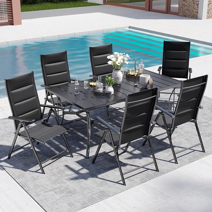 BUPPLEE 7-Piece Outdoor Dining Set - 6 Padded Aluminium Folding Chairs & Adjustable Steel Table, Low-Maintenance Garden Furniture for Backyard, Balcony, Poolside, Includes 1.57"-1.97" Umbrella Hole by BUPPLEE