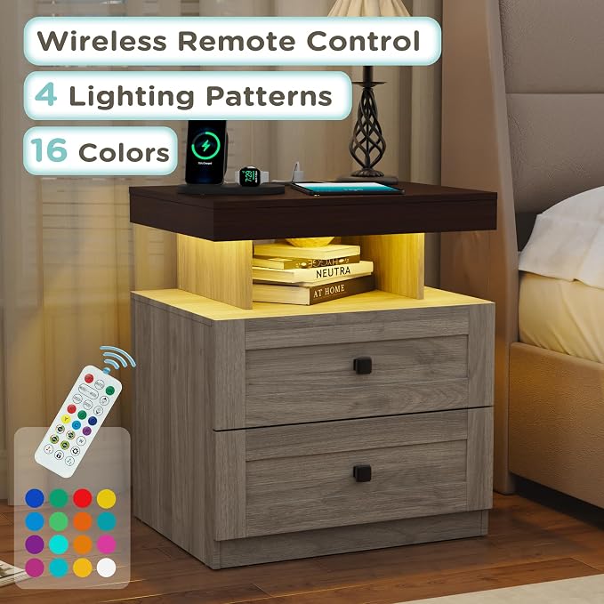 MHOM Farmhouse LED Nightstand Set of 2, Wood Bedroom Side Table with Charging Station, Rustic End Table with Drawers for Bedroom, Antique Oak - Image 7