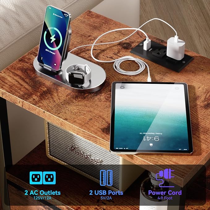 Furologee Nightstand with Charging Station, End Table with LED Lights, Bedside Table with USB Ports & Outlets, Night Stands with 2 Drawers, for Living Room/Bedroom - Image 5