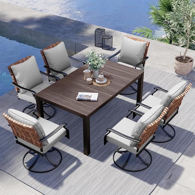 Grand patio 7-Piece Outdoor Dining Set, 6 Leather-Look Wicker Swivel Patio Chairs & 1 Rectangular Faux Woodgrain Dining Table, Dark Brown by GrandPatio