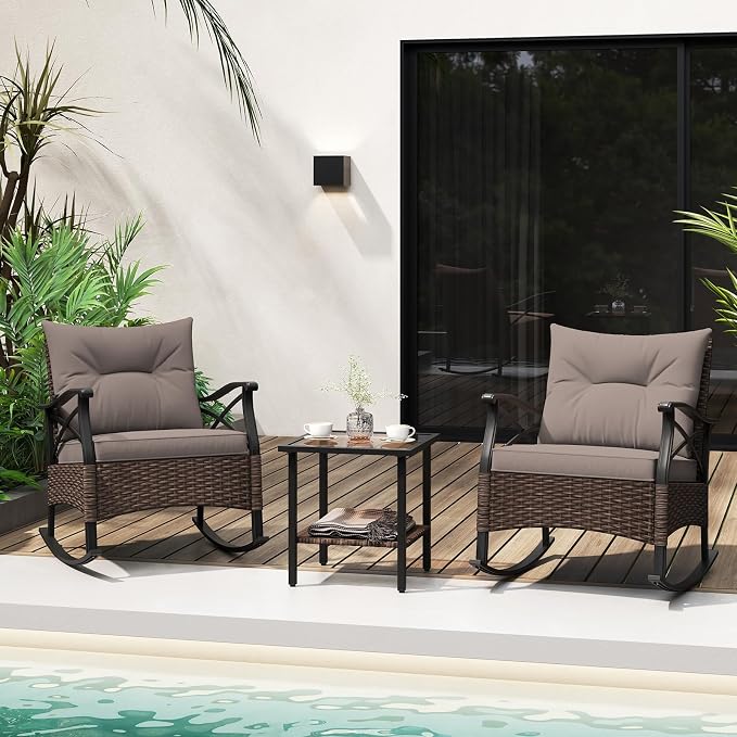 Tangkula 3 Pieces Outdoor Rocking Chairs Set, Rattan Heavy Duty Cushioned Rocker Chairs with 2-Tier Tempered Glass Coffee Table, for Garden, Balcony, Backyard - Image 8