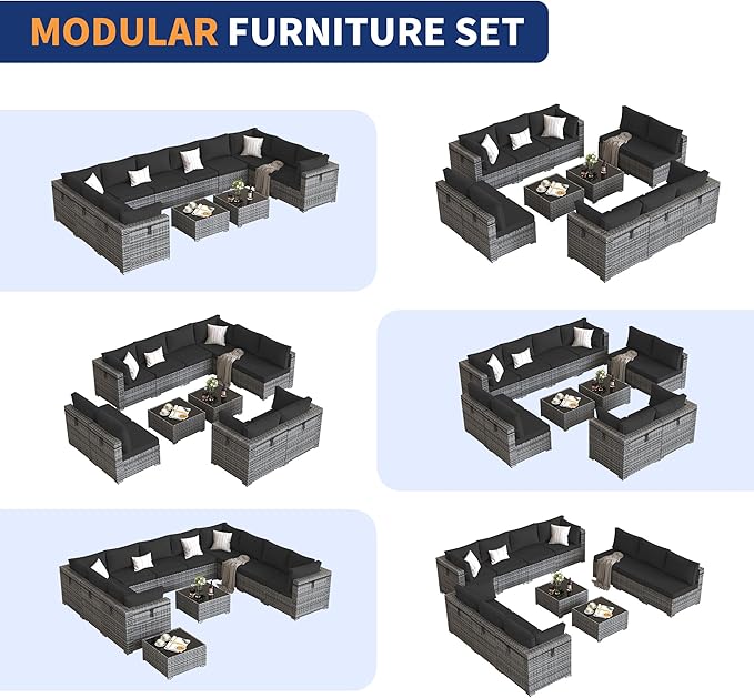 Patio Furniture Set, 12-Piece Outdoor Sectional with Waterproof Cover, All-Weather Wicker Patio Conversation Sets for Backyard (Grey with Black Cushion)