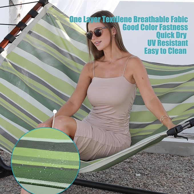 TegerDeger 12FT 2 Person Hammock Large Hammock Quick Dry 450LB Capacity with V Shaped Hardwood Spreader Bar & Nylon Rope for Outside, Patio, Garden, Backyard, Beach, Poolside - Tender Green Stripes - Image 5