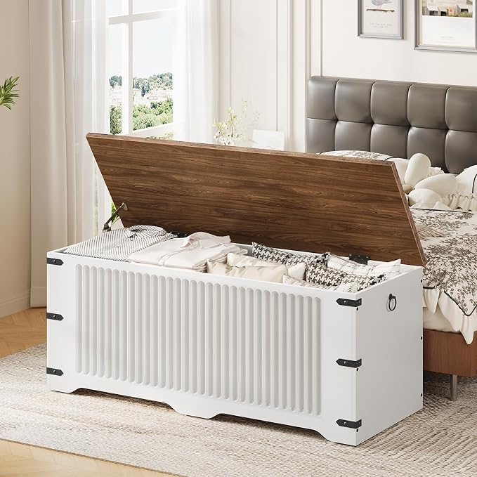 HOOBRO Storage Bench, Toy Box Organizer, Toy Chest with Safety Hinge, Farmhouse Style Storage Chest, 39.3 x 15.7 x 17.7 Inches for Living Room, Bedroom, Entryway, White and Walnut WH26CW01 - Image 3