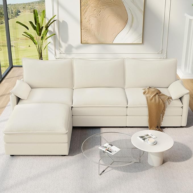 Vesgantti 108" Modular Sectional Sofa, Comfy Cloud Couch with Movable Ottoman Deep Seat Chenille L Shaped Modular Sofa, Sectional Couches for Living Room, Bedroom and Apartment, Beige White
