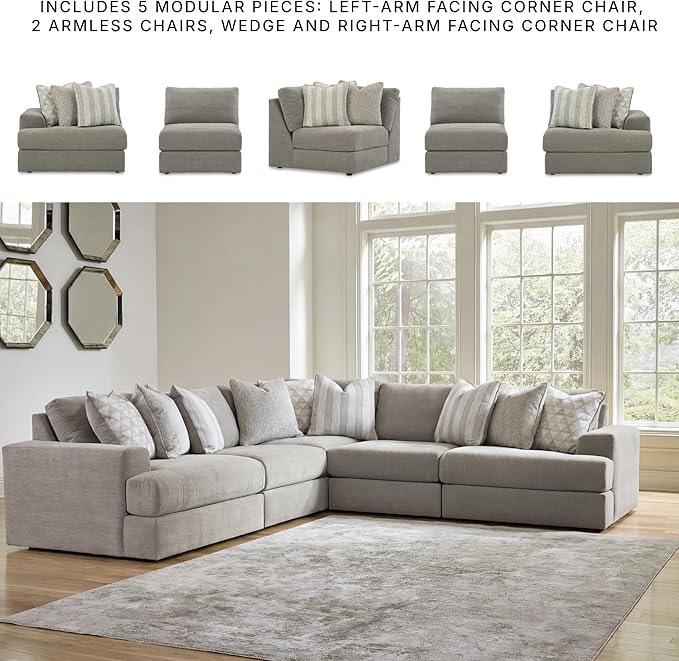 Signature Design by Ashley Casual Avaliyah L-Shape Symmetrical 5-Piece Sectional with Reversible Cushion and Armrest, Gray