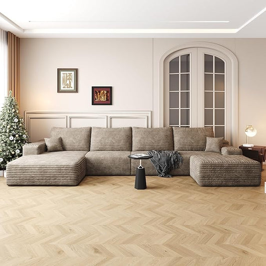 135" U Shaped Sectional Couch with Ottoman, Large Sectional Couches for Living Room, Plush Corduroy Convertible Sleeper Sofa, Compressed Foam Sofa in a Box No Assembly, Left Facing Chaise, Camel