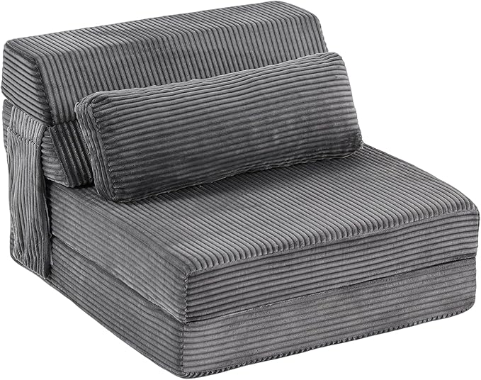 Folding Sofa Bed with Pillow, Convertible Sleeper Chair, Comfy Floor Futon Couch Mattress Lounge Lounge Sofa for Adults Portable Fold Out Chair Bed for Living Room Bedroom, Single, Gray