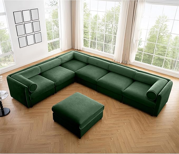 KEIKI 143" Large Modular Chenille Sectional Sofa with Storage Seat, 1 Ottoman, 6-Seater Couch with Cylindrical Backrest and 2 Armrests, Easy Assembly, for Apartment, Living Room, Green