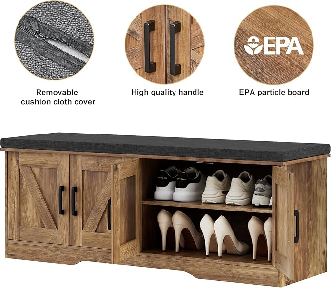 HOMSHO 2-Tier Storage Bench, 47.2" Wide Shoe Bench with Padded Seat Cushion, Entryway Bench with 4 Barn Doors and Adjustable Shelf, Rustic Walnut - Image 7