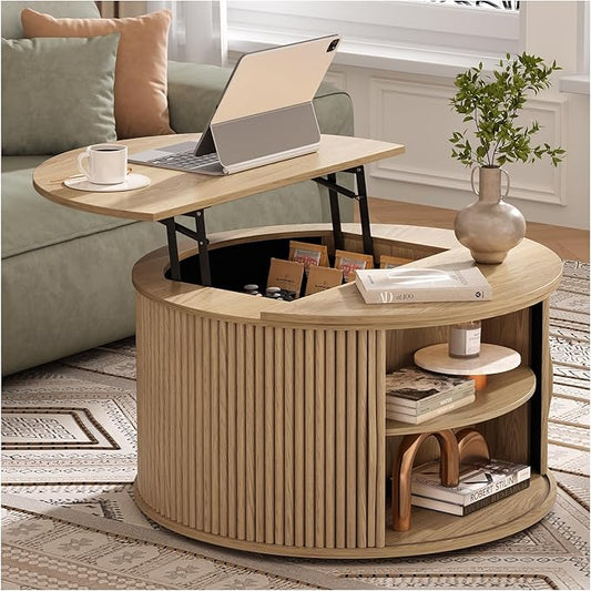 SULIVES Round Coffee Table with Lifting Top, Multifunctional Lift Top Drum Coffee Table with Sliding Door, Small Fluted Center Table for Living Room, Oak