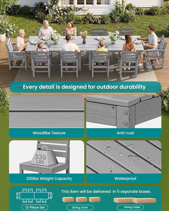 SERWALL Patio Dining Sets for 10 Person, HDPE Dining Set with 2 Tables, 8 Armless Chairs and 2 Armed Dining Chairs, Light Gray - Image 7