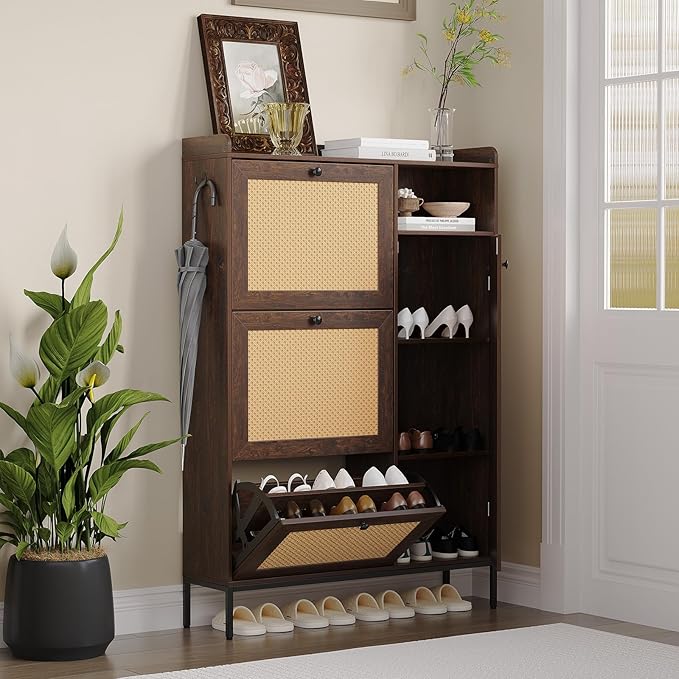 GarveeLife 3-Tier Rattan Shoe Cabinet with Flip Drawers, Adjustable Shelves and Narrow Storage Design, Perfect for Entryways, Hallways, and Bedroom Organization in Wood