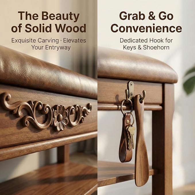 Shoe Rack Bench Entryway Storage with Leather Cushion, Shoe Organizer Bench for Entryway, Front Doors Entrances Hallway,Mudroom,Closet, Bedroom,Solidwood 3 Height-Adjustable Removable Shelve,31.5" - Image 5