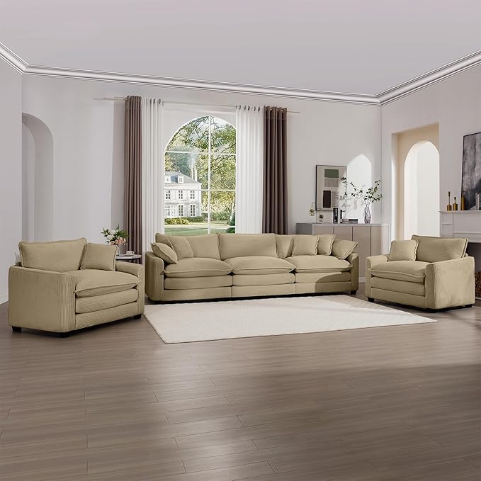 KEIKI 3-Piece Sofa Set with 1 Oversized Corduroy 3-Seater Sofa & 2 Single Sofa, Upholstered 5-Seater Couch Set with 7 Pillow, High-Density Foam Cushions, Removable Armrests, for Living Room, Tan