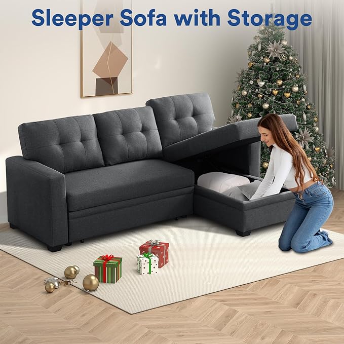 Rovibek 82" Convertible Sofa Bed Couch with Storage - 4 in 1 L Shaped Sofa with Pull Out Couch Bed for Living Room, Apartment, Office, Small Spaces, Dark Grey
