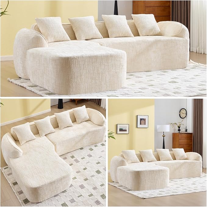 L Shaped Compression Sofa, Modular Couch with Curved Armrests & 4 Coordinating Pillows, Modern 101'' Chenille 4 Seater Sofa with Wide Seat for Living Room, Bedroom, No Assembly, Beige