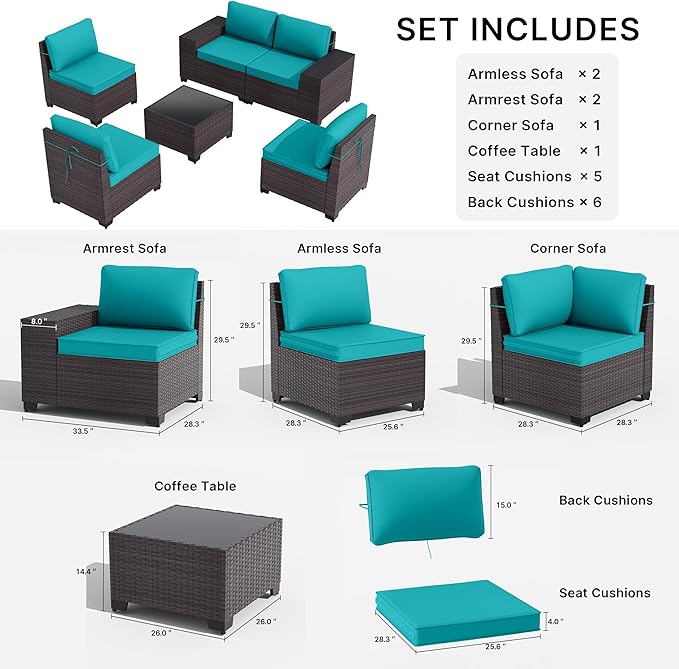 Gotland 6 Pieces Patio Furniture Set with 1 Coffee Table, 5 Seater Rattan Outdoor Sectional with Wide Armrests 29.5'' High Backrest Thick Cushions, Conversation Sets for Deck Garden Greenblue