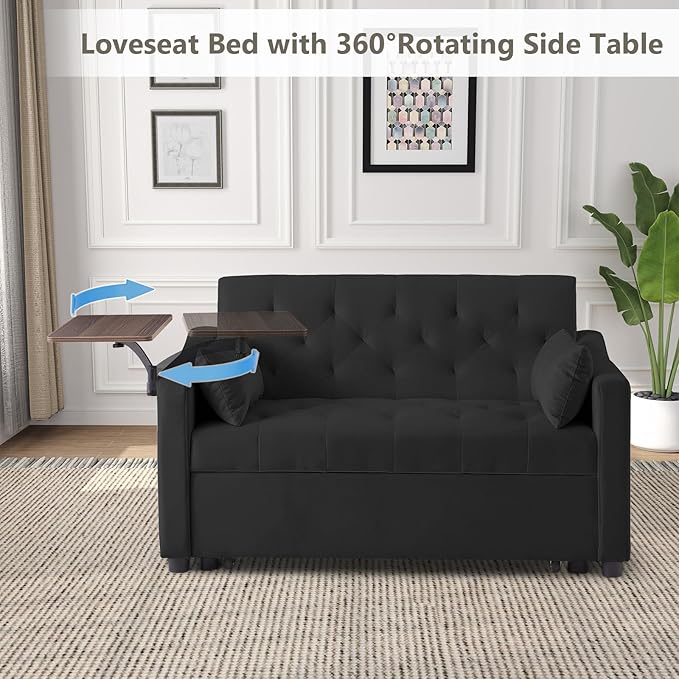 3-in-1 Convertible Loveseat Sleeper Sofa Bed with Adjustable Backrest (3 Positions) and 360° Swivel Side Table, Pull-Out Couch for Small Apartments & Guest Rooms, Jet Black