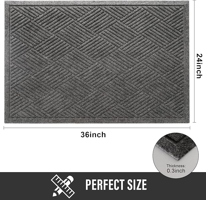 HIYARD Sturdy Front Door Mat, Absorbent Muddy Dirt Resist Welcome Door Mats Outdoor Indoor, Stain and Fade Resistant, Non-Slip Rubber Backing Low Profile Doormat for Entryway, 36×24, Grey - Image 2