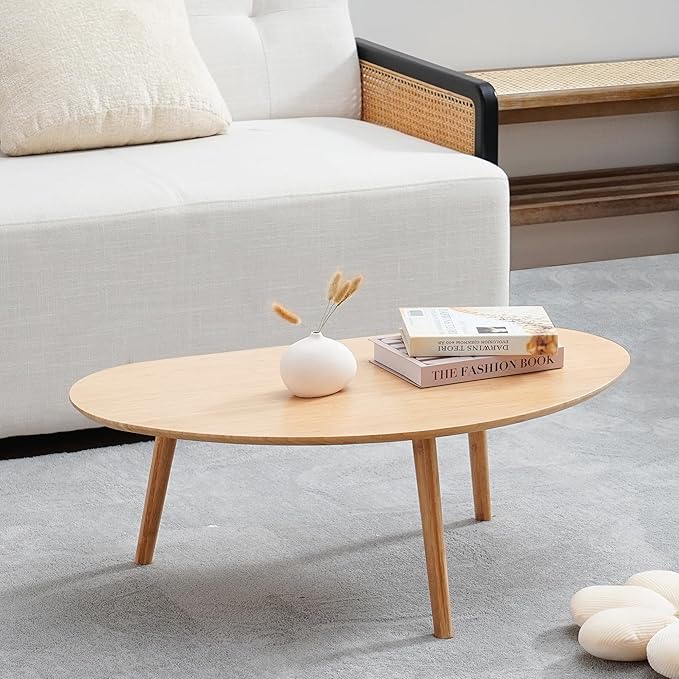 Small Oval Coffee Table Mid Century Modern for Living Room, Center Table,Solid Wood Coffee Table,Nature Wood (Nature Wood,18.9" D x 33.85" W 12.4" H)