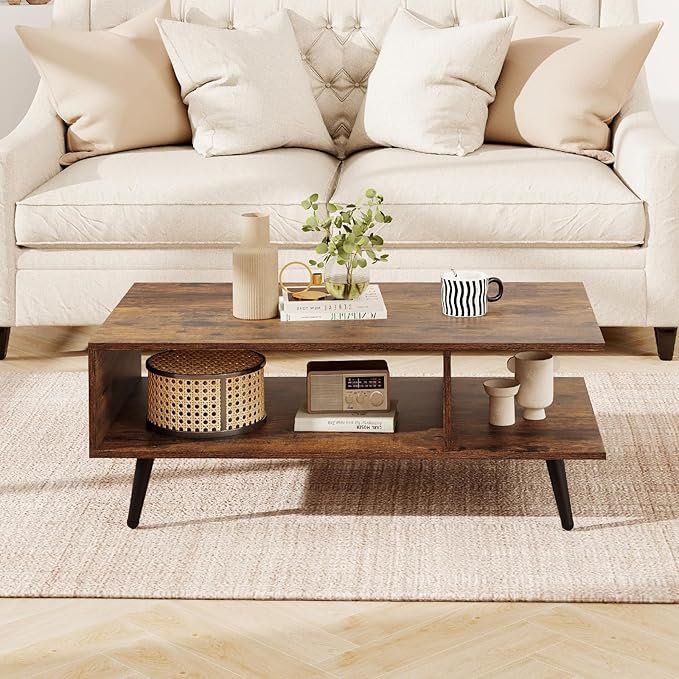 GOFLAME Wood Coffee Table, 2-Tier Mid Century Modern Center Table with 2 Open Storage Compartments & Metal Legs, Rectangular Accent Tea Tables for Living Room, Home Office, Apartment, Rustic Brown