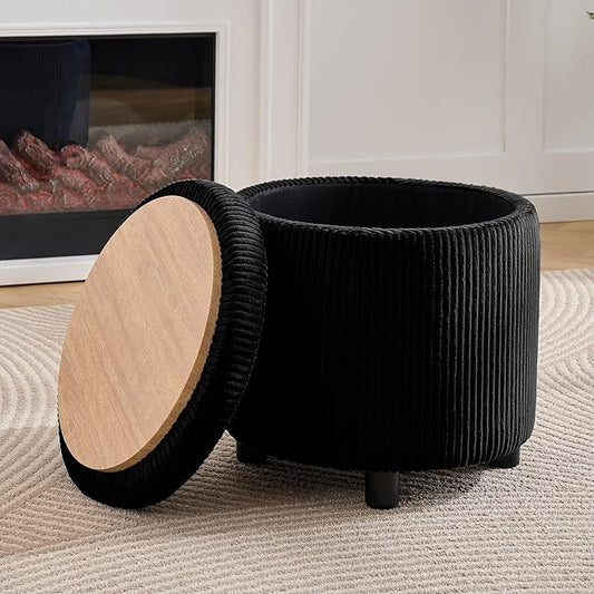WUTUTUEE Corduroy Storage Ottoman with Flip-Top Tray, Modern Upholstered Ottoman Coffee Table, Dual Leg Options Ottoman Footrest for Living Room, Bedroom, Office, Black