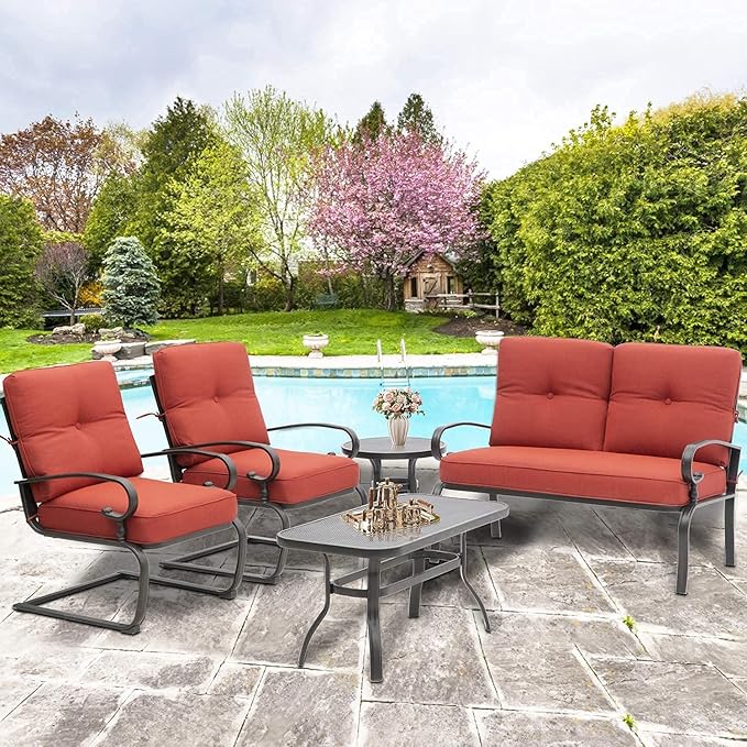 SOLAURA 5-Piece Patio Furniture Conversation Sets with Wrought Iron Loveseat and Spring Chairs（Red）