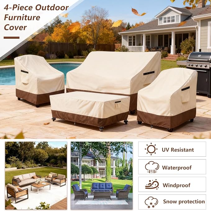 Outdoor Furniture Covers Set,4-Piece 600D Heavy Duty Waterproof Patio Furniture Cover for Outdoor Swivel Rocker Chairs,Loveseat and Coffee Table,Beige & Brown - Image 4