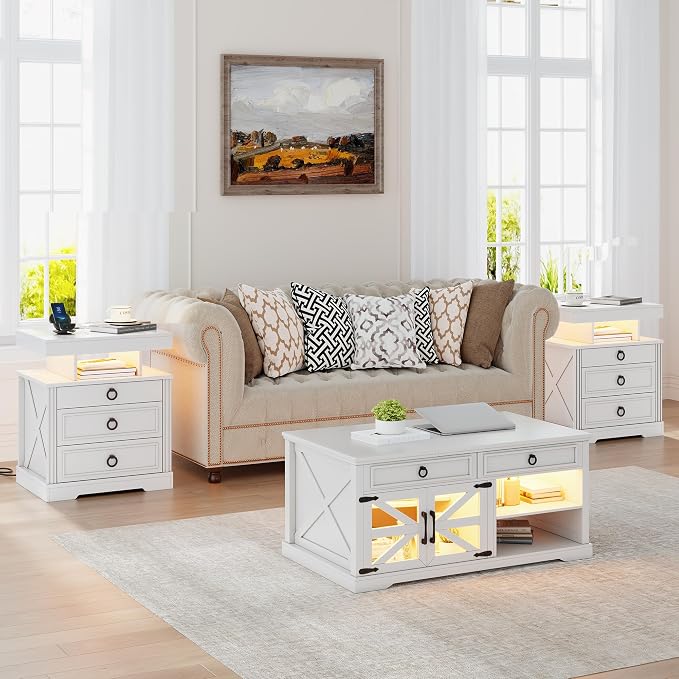 Gurexl Farmhouse Night Stand with Lockable Gun Drawer,LED Nightstand with Charging Station,Bedside Table with Human Sensor 3-Color Lights,End Table with 3 Drawers,Bedroom,White - Image 7