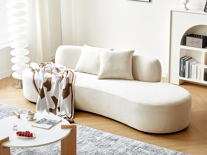 90" Curved Sofa with Throw Pillows, 4 Seater Luxury Velvet Couch with Half Moon Design and High-Density Foam, Ideal for Modern Living Room, Office & Apartment, Ivory White