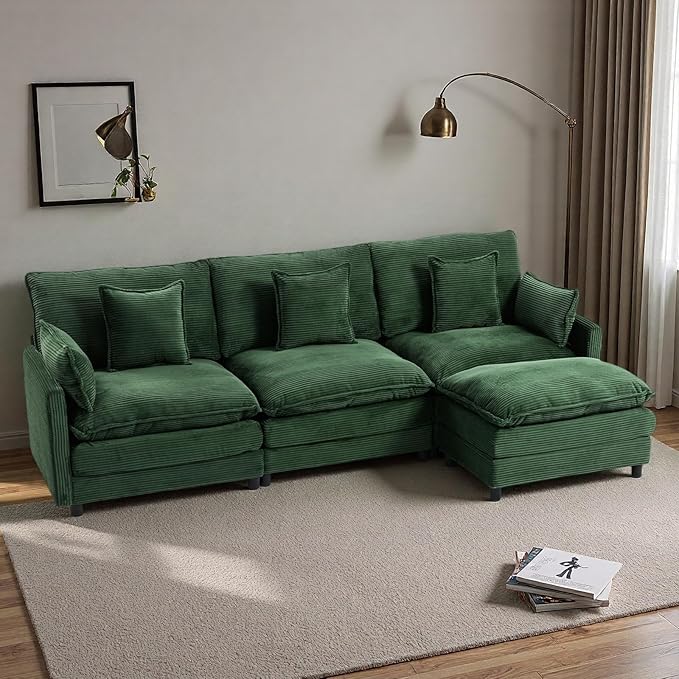 L Shaped Cloud Sofa, 4-Seater Modular Couch with Double Layer Upholstered Seat Cushion, Corduroy Sleeper Sofa with Ottoman & Pillows, Couches for Living Room, Bedrooms & Apartments, Green