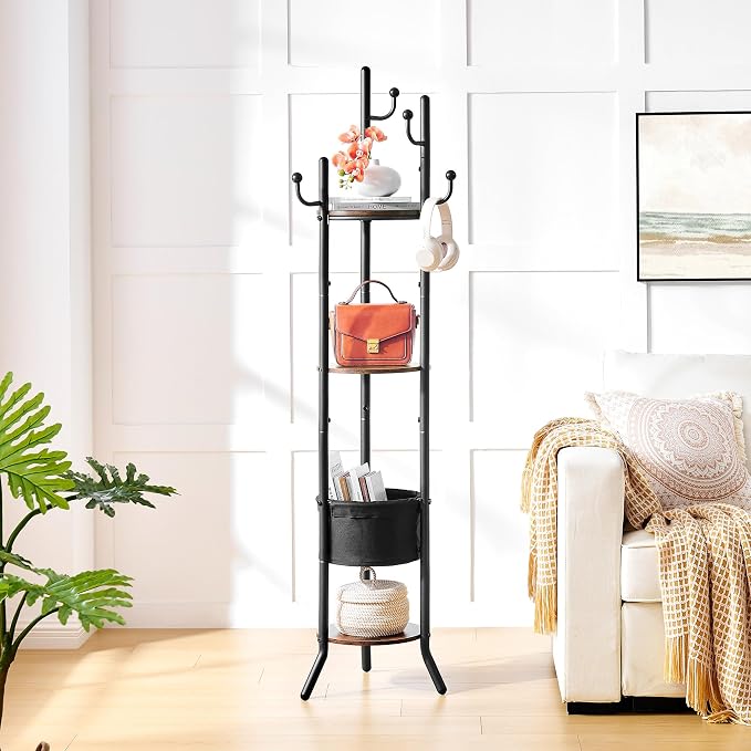 Hoctieon Coat Rack Freestanding, Round Coat Rack with 3 Wooden Shelves and 1 Fabric Basket, Metal Clothes Tree with 5 Hooks, Coat Hanger Stand for Clothes, Hats, Bags, Brown and Black - Image 8