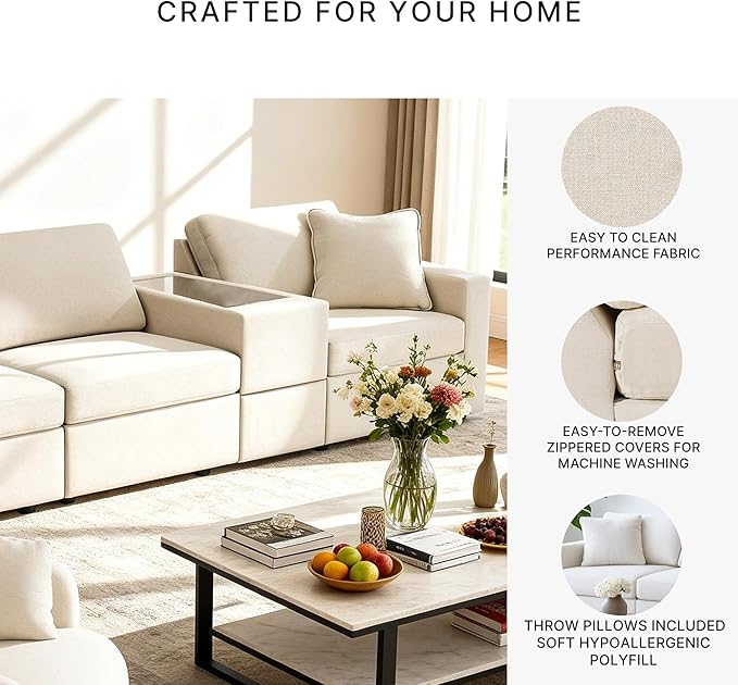 Signature Design by Ashley Modmax Coastal Modular Stain Resistant 4-Piece Sectional with Storage Console, Drawer and 2 Accent Pillows, Beige