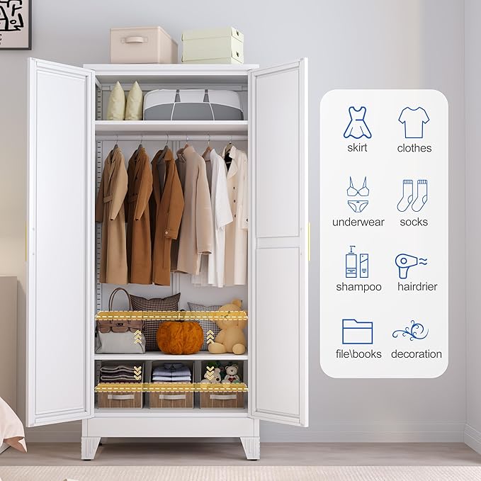 GAIOUS Metal Wardrobe Cabinet with Mirror and Hanging Rod, 71" Metal Clothing Storage Cabinets with 2 Doors and Adjustable Shelves, White Armoire Wardrobe Closet for Bedroom, Laundry Room, Cloak Room