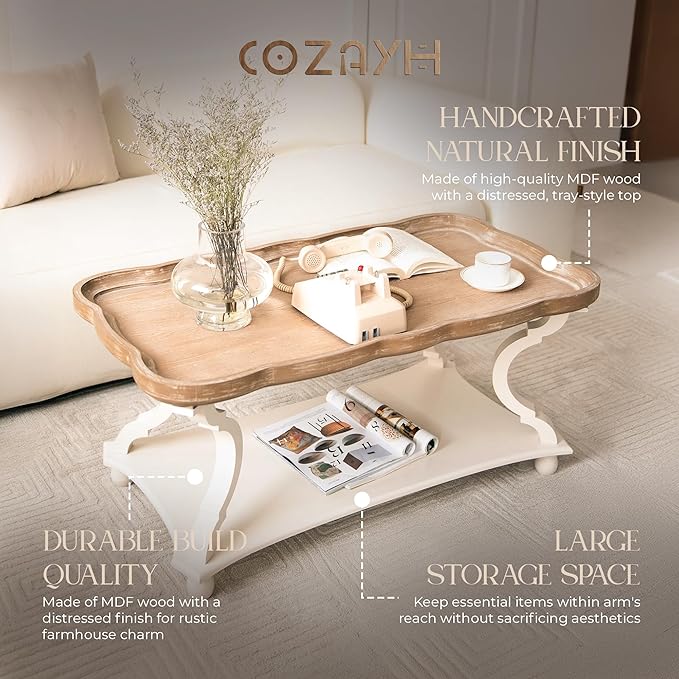 COZAYH Rustic Farmhouse Cottagecore Coffee Table, Natural Tray Top Sofa Table for Family, Dining or Living Room, Small Spaces, Handcrafted Finish, Modern