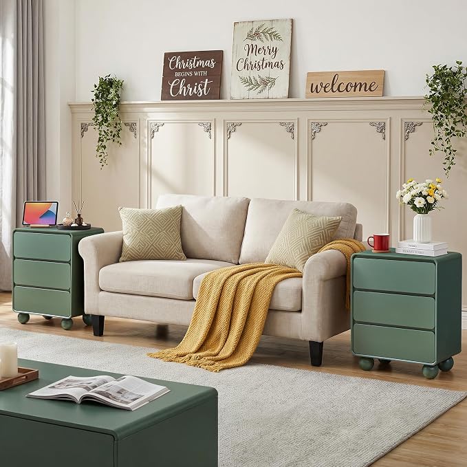 AVZEAR Wooden Night Stand wth 3 Drawer Dresser Mid Century Modern End Table Chest of Drawers, Solid Wood Legs & Curved Profile Design, Farmhouse Side Table for Living Room, Green - Image 5