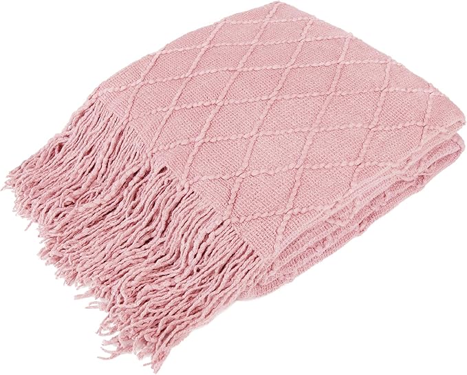 PAVILIA Light Pink Knit Throw Blanket for Couch, Twin Bed, Soft Knitted Farmhouse Sofa Throw for Living Room, Lightweight Decorative Summer Blanket for Chair, Outdoor Textured Boho Blanket, 60x80