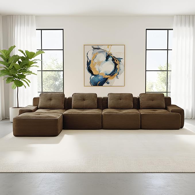 Casaphoria 150'' Corduroy Cloud Couch, 4-Seat L-Shaped Sectional Sofa with 4 Pillows & Ottoman for Living Room, Deep Seat Boneless Couch for Modern Apartment, No Assembly Required, Brown