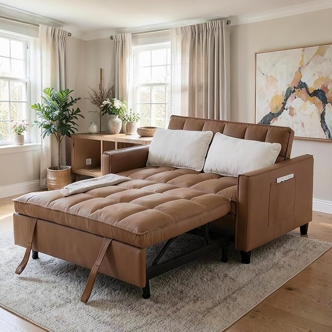 3 in 1 Convertible Sofa Bed, Love Seat Sleeper Bed with Side Pockets, PU Fabric Pull Out Couch with Adjustable Backrest for Living Room, Bedroom, Apartment, Brown