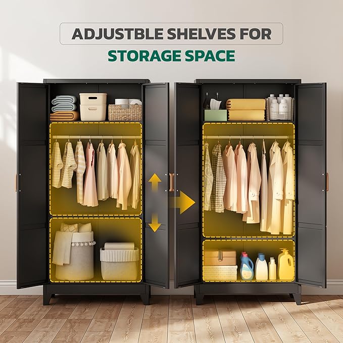Greenvelly Metal Wardrobe Cabinet, 19" D x 34" W x 71" H Metal Wardrobe Closet with Hanging Rods and Adjustable Shelves,Clothing Storage Closet Cabinet for Bedroom, Cloak Room, Laundry Room (Black)