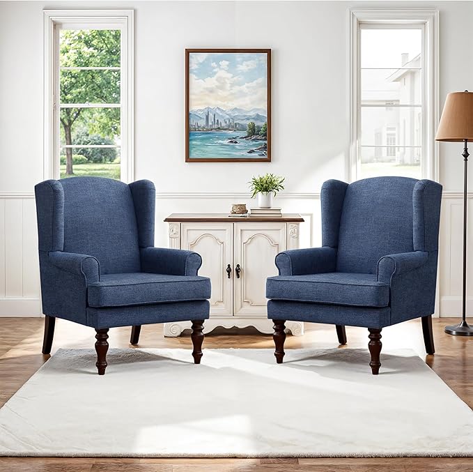HUIMO Printed Wingback Accent Chair, Linen Upholstered High Back Armchair, Comfy Reading Chair for Living Room Bedroom Study, 300lbs Weight Capacity (2, Navy Blue)