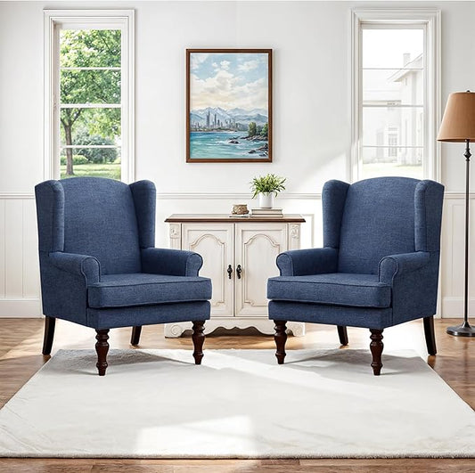 HUIMO Printed Wingback Accent Chair, Linen Upholstered High Back Armchair, Comfy Reading Chair for Living Room Bedroom Study, 300lbs Weight Capacity (2, Navy Blue)
