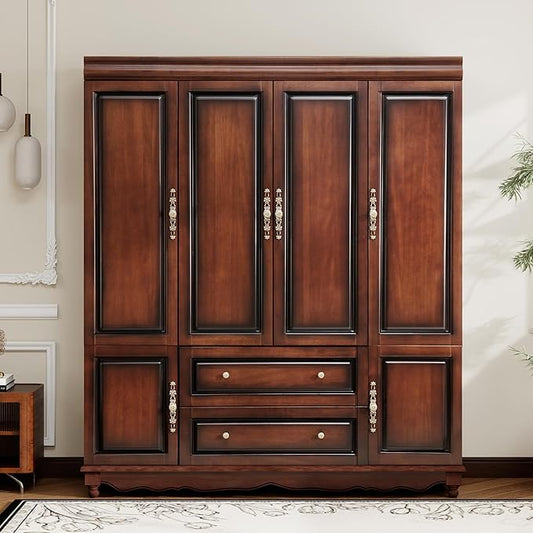 Solid Wood Cherry Red Armoire Wardrobe Closet: 4 Door Solid Wood Wardrobe Cabinet with 2 Drawers, Armoire Closet with Hanging Rods Storing Clothes for Bedroom