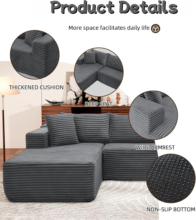 Cloud Sectional Couch, 105” Fluffy Modular L-Shape Sofa with Right Chaise Lounge, Modular Sectional Sofa in a Box, Boneless Couch for Living Room, No Assembly Required, Flannel Gray