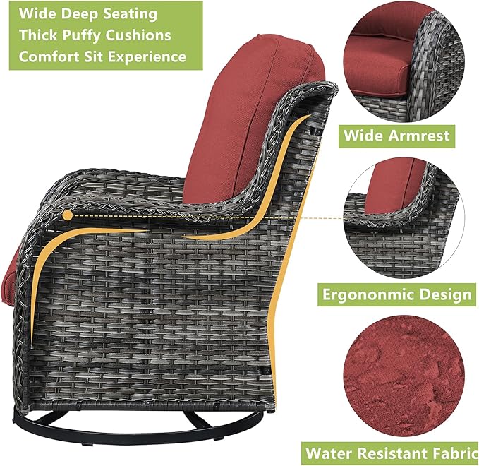 Rilyson Wicker Rocking Chair Swivel Chairs - 2 Piece Rocker Patio Chairs Set Rattan Rocking Chair for Outdoor Porch Deck Garden Backyard (Mixed Grey/Red)