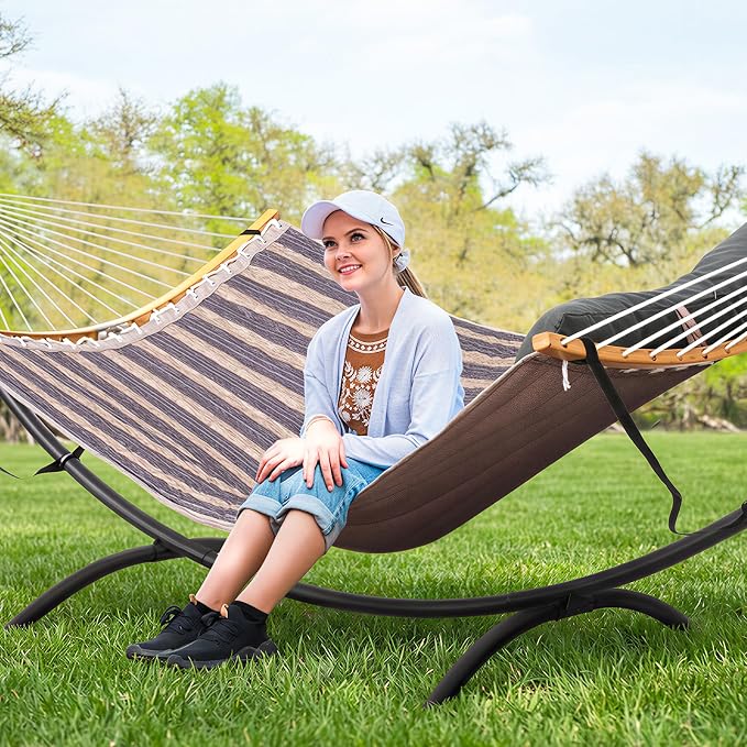 SUNCREAT Hammocks for Outside with Stand, Porch Hammock and Stand, 475 lbs Capacity, Patent Pending, Gray Stripes - Image 2