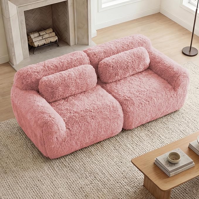 80.4-Inch Boneless Love Seat Couches in a Box, Modern 2 Seat Floor Modular Foam Cloud Sofa Faux Fur Loveseat Couch W/Angle Armrests for Home Apartments Bedroom
