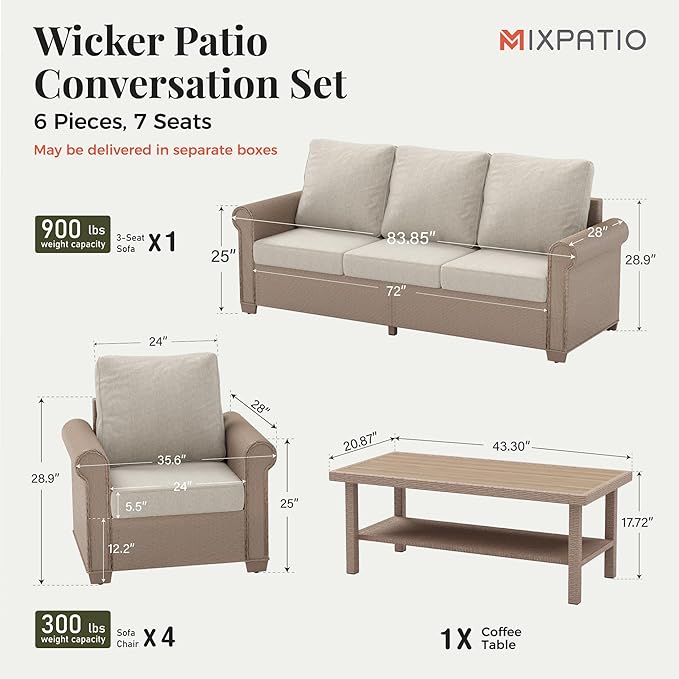 Patio Furniture Set 6 pcs, Wicker Outdoor Patio Furniture, 3-Seat Sofa, 4 Single Sofas and Coffee Table, Rattan Outdoor Conversation Set for Backyard Deck, Beige